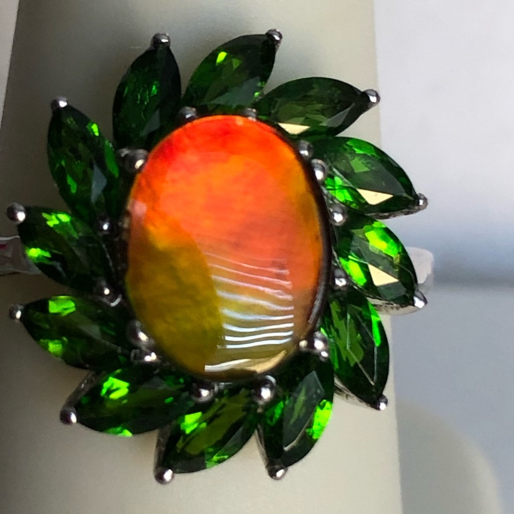 Ammolite Fossil & Russian Chrome Diopside in Rhodium over Sterling Ring